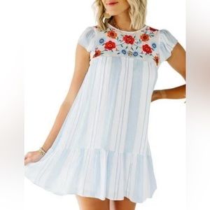 Adorable By the Rive  blue and white striped embroidered short sleeve dress